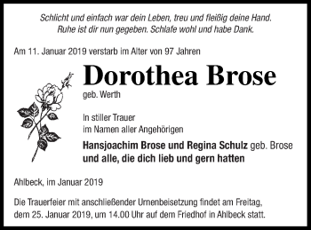 Traueranzeige von Dorothea Brose von Haff-Zeitung