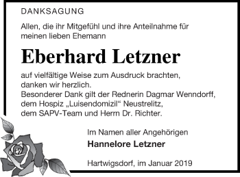 Traueranzeige von Eberhard Letzner von Strelitzer Zeitung