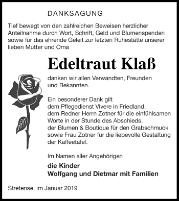 Traueranzeige von Edeltraut Klaß von Vorpommern Kurier