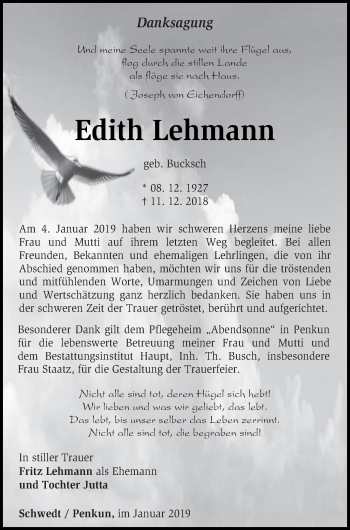 Traueranzeige von Edith Lehmann von Pasewalker Zeitung