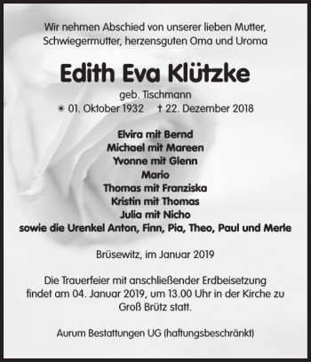 Traueranzeige von Edith Eva Klützke von Zeitung für die Landeshauptstadt