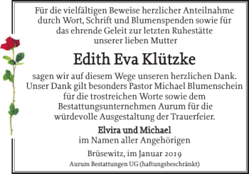 Traueranzeige von Edith Eva Klützke von Zeitung für die Landeshauptstadt