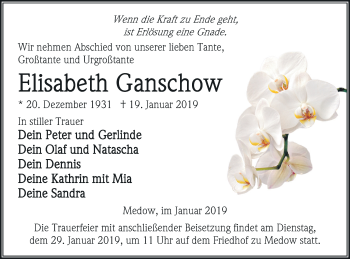 Traueranzeige von Elisabeth Ganschow von Vorpommern Kurier