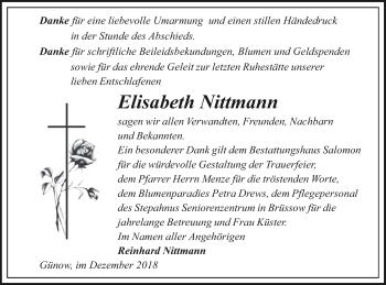 Traueranzeige von Elisabeth Nittmann von Prenzlauer Zeitung