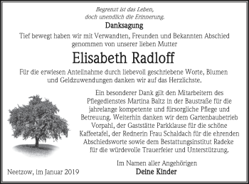 Traueranzeige von Elisabeth Radloff von Vorpommern Kurier