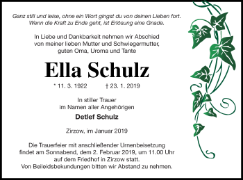 Traueranzeige von Ella Schulz von Neubrandenburger Zeitung