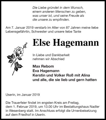 Traueranzeige von Else Hagemann von Strelitzer Zeitung