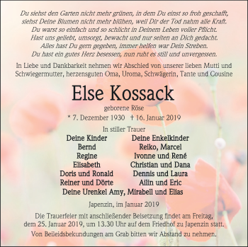 Traueranzeige von Else Kossack von Vorpommern Kurier