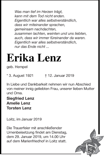 Traueranzeige von Erika Lenz von Vorpommern Kurier