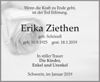 Traueranzeige von Erika Ziethen von Zeitung für die Landeshauptstadt