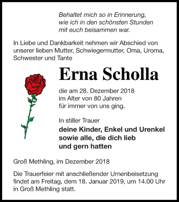 Traueranzeige von Erna Scholla von Mecklenburger Schweiz