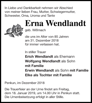 Traueranzeige von Erna Wendlandt von Pasewalker Zeitung