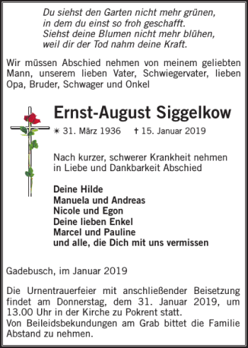 Traueranzeige von Ernst-August Siggelkow von Gadebusch-Rehnaer Zeitung