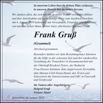 Traueranzeige von Frank Gruß von Pasewalker Zeitung