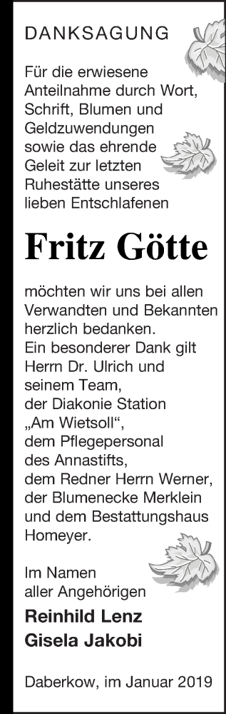 Traueranzeige von Fritz Götte von Vorpommern Kurier