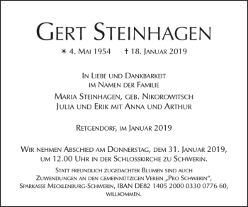 Traueranzeige von GERT STEINHAGEN von Zeitung für die Landeshauptstadt