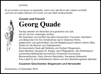 Traueranzeige von Georg Quade von Mecklenburger Schweiz