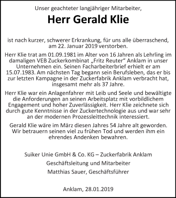 Traueranzeige von Gerald Klie von Vorpommern Kurier