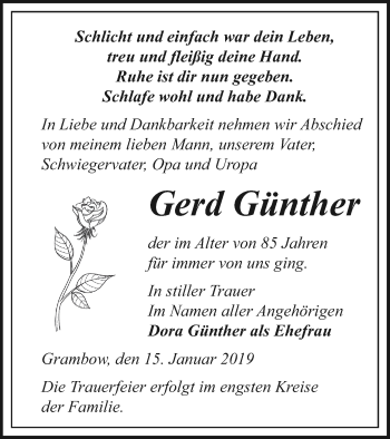 Traueranzeige von Gerd Günther von Pasewalker Zeitung