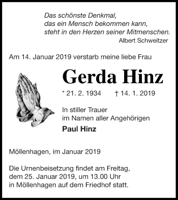 Traueranzeige von Gerda Hinz von Müritz-Zeitung