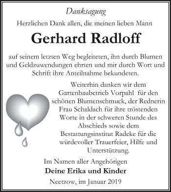 Traueranzeige von Gerhard Radloff von Vorpommern Kurier