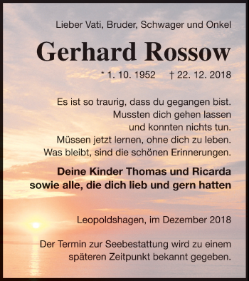 Traueranzeige von Gerhard Rossow von Haff-Zeitung