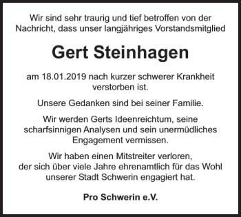 Traueranzeige von Gert Steinhagen von Zeitung für die Landeshauptstadt