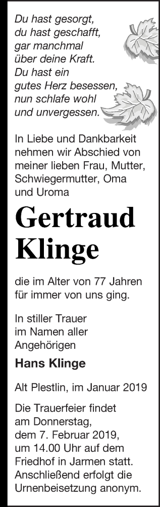 Traueranzeige von Gertraud Klinge von Vorpommern Kurier