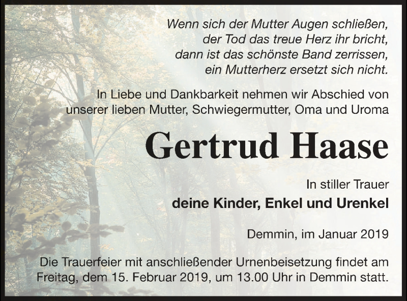  Traueranzeige für Gertrud Haase vom 25.01.2019 aus Demminer Zeitung