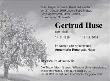 Traueranzeige von Gertrud Huse von Haff-Zeitung