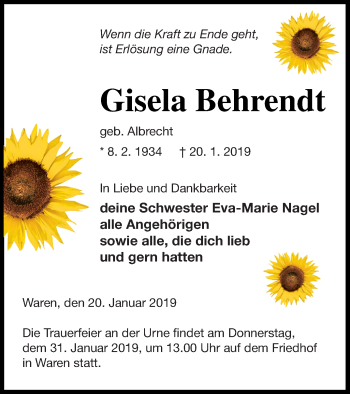 Traueranzeige von Gisela Behrendt von Müritz-Zeitung