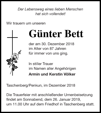 Traueranzeige von Günter Bett von Prenzlauer Zeitung