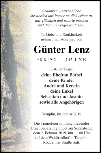 Traueranzeige von Günter Lenz von Templiner Zeitung