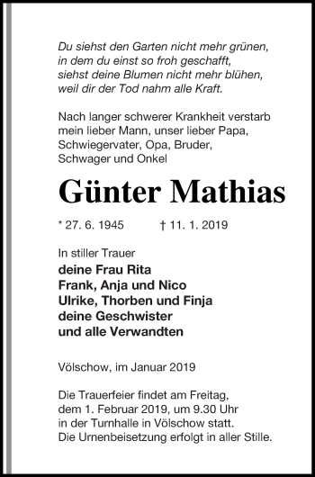 Traueranzeige von Günter Mathias von Vorpommern Kurier