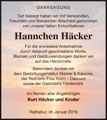 Traueranzeige von Hannchen Häcker von Vorpommern Kurier