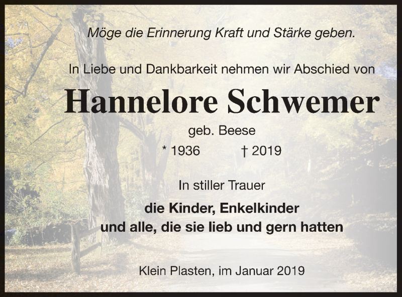  Traueranzeige für Hannelore Schwemer vom 26.01.2019 aus Müritz-Zeitung