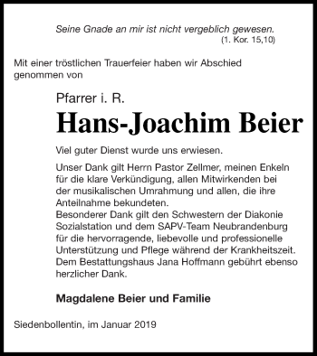 Traueranzeige von Hans-Joachim Beier von Neubrandenburger Zeitung