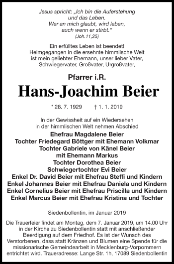 Traueranzeige von Hans-Joachim Beier von Neubrandenburger Zeitung