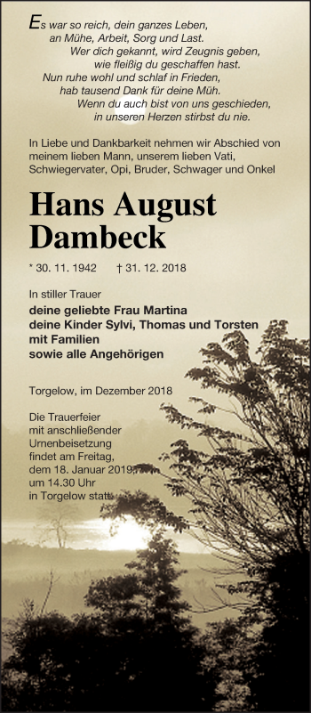 Traueranzeige von Hans August Dambeck von Haff-Zeitung