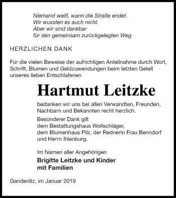 Traueranzeige von Hartmut Leitzke von Templiner Zeitung