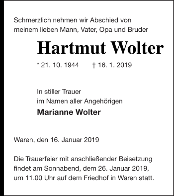 Traueranzeige von Hartmut Wolter von Müritz-Zeitung