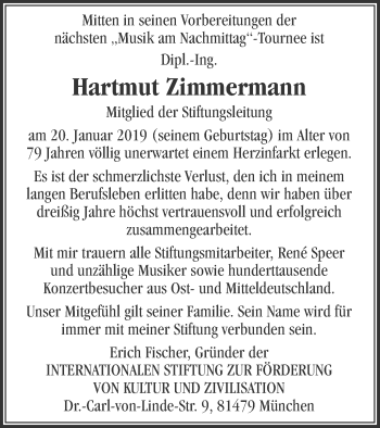 Traueranzeige von Hartmut Zimmermann von Strelitzer Zeitung