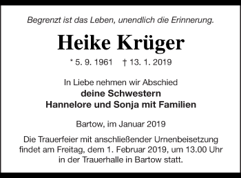 Traueranzeige von Heike Krüger von Neubrandenburger Zeitung