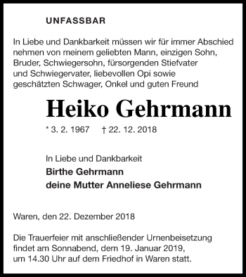 Traueranzeige von Heiko Gehrmann von Vorpommern Kurier