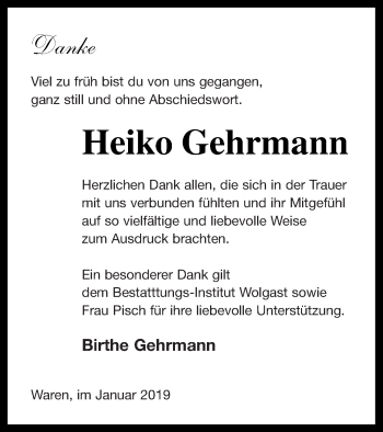 Traueranzeige von Heiko Gehrmann von Müritz-Zeitung