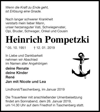 Traueranzeige von Heinrich Pompetzki von Prenzlauer Zeitung