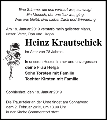 Traueranzeige von Heinz Krautschick von Müritz-Zeitung