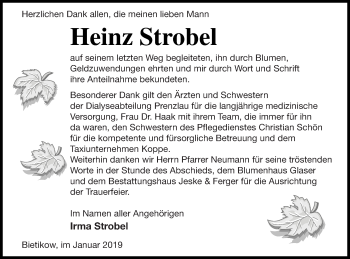 Traueranzeige von Heinz Strobel von Prenzlauer Zeitung