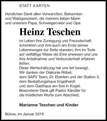 Traueranzeige von Heinz Teschen von Müritz-Zeitung