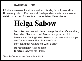 Traueranzeige von Helga Sabow von Templiner Zeitung